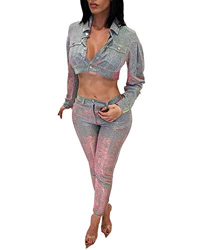 MS Mouse Womens Long Sleeve Jackets and Capris Set Sequin Two Piece Outfits L Silver