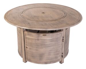 fire sense 62739 thatcher woodgrain aluminum convertible gas fire pit table 55,000 btu outdoor portable with fire bowl lid, nylon weather cover & clear fire glass - driftwood finish - round - 42"