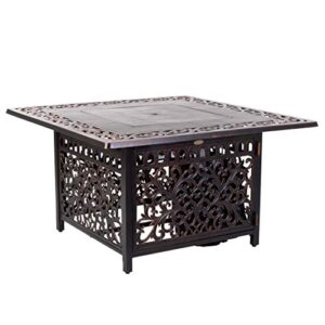 fire sense 62527 sedona aluminum convertible gas fire pit table 55,000 btu outdoor multi-functional fire pit with fire bowl lid, nylon weather cover & clear fire glass - bronze finish - square