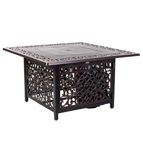 Fire Sense 62527 Sedona Aluminum Convertible Gas Fire Pit Table 55,000 BTU Outdoor Multi-Functional Fire Pit with Fire Bowl Lid, Nylon Weather Cover & Clear Fire Glass - Bronze Finish - Square