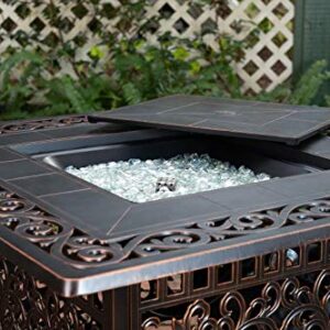 Fire Sense 62527 Sedona Aluminum Convertible Gas Fire Pit Table 55,000 BTU Outdoor Multi-Functional Fire Pit with Fire Bowl Lid, Nylon Weather Cover & Clear Fire Glass - Bronze Finish - Square