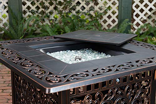 Fire Sense 62527 Sedona Aluminum Convertible Gas Fire Pit Table 55,000 BTU Outdoor Multi-Functional Fire Pit with Fire Bowl Lid, Nylon Weather Cover & Clear Fire Glass - Bronze Finish - Square