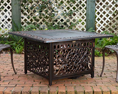 Fire Sense 62527 Sedona Aluminum Convertible Gas Fire Pit Table 55,000 BTU Outdoor Multi-Functional Fire Pit with Fire Bowl Lid, Nylon Weather Cover & Clear Fire Glass - Bronze Finish - Square