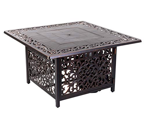 Fire Sense 62527 Sedona Aluminum Convertible Gas Fire Pit Table 55,000 BTU Outdoor Multi-Functional Fire Pit with Fire Bowl Lid, Nylon Weather Cover & Clear Fire Glass - Bronze Finish - Square