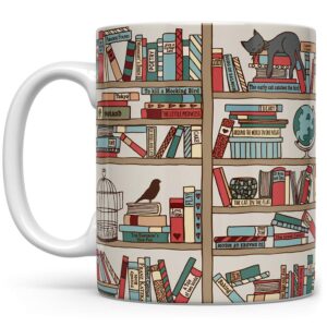 book coffee mug, book lover gift, bookish gifts, librarian mug, bookworm mug, gift for bibliophile, books and cats (11oz)