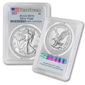2023 1 oz american silver eagle coin ms-70 (first strike - flag label) $1 pcgs ms70