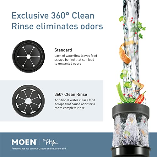 Moen Prep Series Disposer 1/2 Horsepower Continuous Feed Garbage Disposal featuring Fast Track Technology, Power Cord Included, GT50C