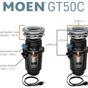 Moen Prep Series Disposer 1/2 Horsepower Continuous Feed Garbage Disposal featuring Fast Track Technology, Power Cord Included, GT50C