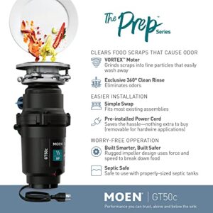 Moen Prep Series Disposer 1/2 Horsepower Continuous Feed Garbage Disposal featuring Fast Track Technology, Power Cord Included, GT50C