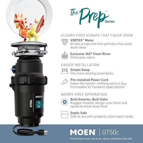 Moen Prep Series Disposer 1/2 Horsepower Continuous Feed Garbage Disposal featuring Fast Track Technology, Power Cord Included, GT50C