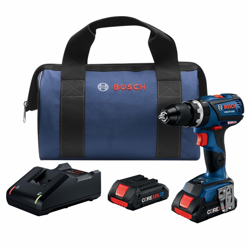 BOSCH GSB18V-535CB25 18V EC Brushless Connected-Ready 1/2 In. Hammer Drill/Driver Kit with (2) CORE18V® 4 Ah Advanced Power Batteries