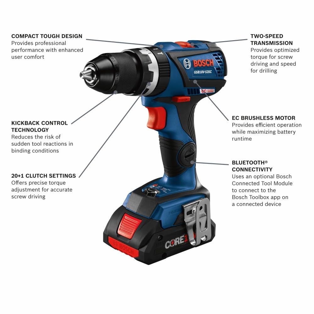 BOSCH GSB18V-535CB25 18V EC Brushless Connected-Ready 1/2 In. Hammer Drill/Driver Kit with (2) CORE18V® 4 Ah Advanced Power Batteries