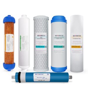 max water replacement filter set for standard 6 stage reverse osmosis water filter system filters - 10 inch standard size water filters sediment, gac, cto, mixed bed di, ro membrane 100 gpd
