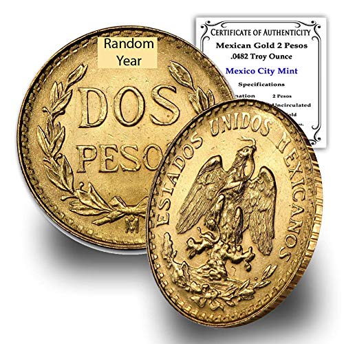 1919-1948 (Random Year) Mexican 1/5 Hidalgo Gold 2 Pesos Coin Brilliant Uncirculated with Certificate of Authenticity - Moneda de Oro Puro 2 MX BU