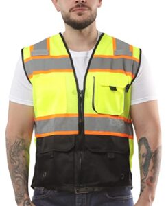 kolossus high visibility mens safety vest apparel with front pockets, silver orange reflective tape, bottom class 2 ansi/isea black, large