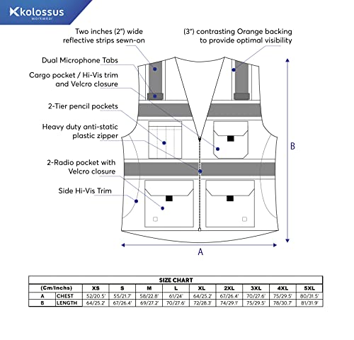 Kolossus High Visibility Mens Safety Vest APPAREL With Front Pockets, Silver Orange Reflective Tape, Bottom Class 2 ANSI/ISEA Black, Large