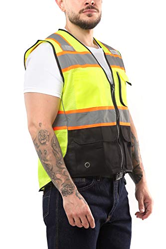 Kolossus High Visibility Mens Safety Vest APPAREL With Front Pockets, Silver Orange Reflective Tape, Bottom Class 2 ANSI/ISEA Black, Large