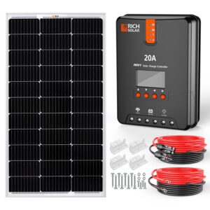 rich solar 100 watts 12 volts monocrystalline solar starter kit with 20a mppt charge controller