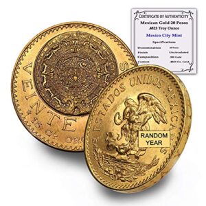 1917-1959 (random year) mexican gold 20 pesos coin agw .4823 troy oz brilliant uncirculated with a certificate of authenticity - moneda de 15 gr de oro puro 20 mxn bu