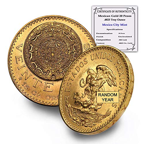 1917-1959 (Random Year) Mexican Gold 20 Pesos Coin AGW .4823 Troy oz Brilliant Uncirculated with a Certificate of Authenticity - Moneda de 15 Gr de Oro Puro 20 MXN BU