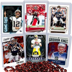 tom brady football card bundle, set of 6 assorted tampa bay buccaneers new england patriots and michigan wolverines football cards of quarterback super bowl champion protected by sleeve and toploader