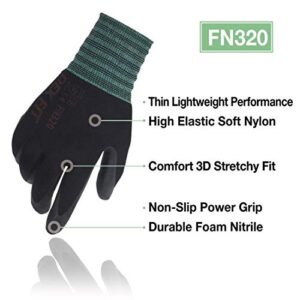 DEX FIT Premium Nylon Nitrile Work Gloves FN320, 12 Pairs, 3D-Comfort Stretchy Fit, Firm Grip, Thin & Lightweight, Durable, Breathable & Cool, Machine Washable; Black 8 (M)