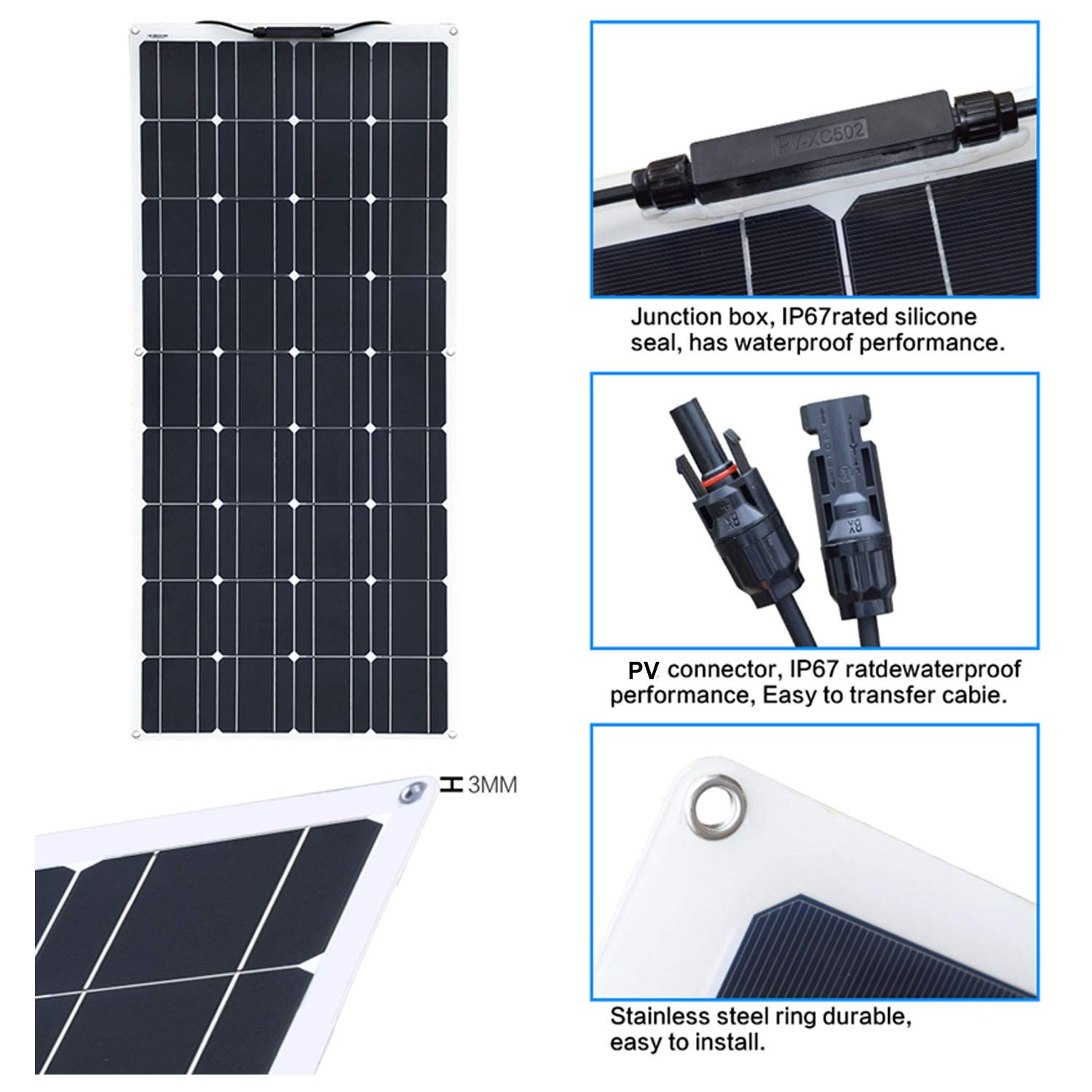 XINPUGUANG 100W Flexible Solar Panel 12V System kit 10A Charge Controller Cables with Alligator Clip PV Connector Cables for Yacht, Boat, RV, Cabin, 12v Battery Charge