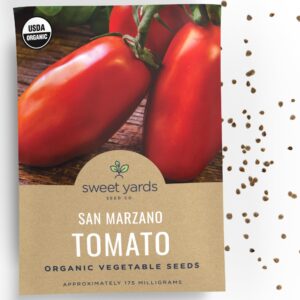 organic san marzano tomato seeds – seed packet of over 70 open pollinated heirloom non-gmo seeds – sweet yards seed co.