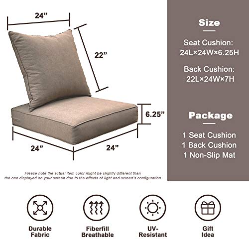 SewKer Outdoor/Indoor 24Lx24W Chair Cushion Set, All Weather Spring/Summer Deep Seat Patio Furniture Replacement Cushions Set(Back and seat) - TAN