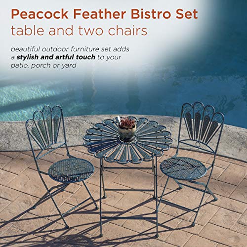 Alpine Corporation Indoor/Outdoor 3-Piece Peacock Feather Rustic Metal Bistro Set Patio Seating, Light Blue