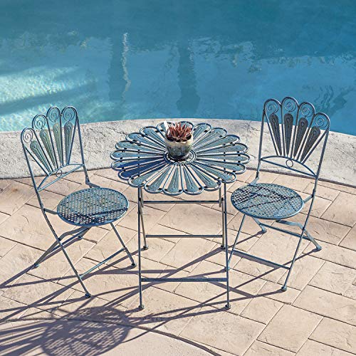 Alpine Corporation Indoor/Outdoor 3-Piece Peacock Feather Rustic Metal Bistro Set Patio Seating, Light Blue