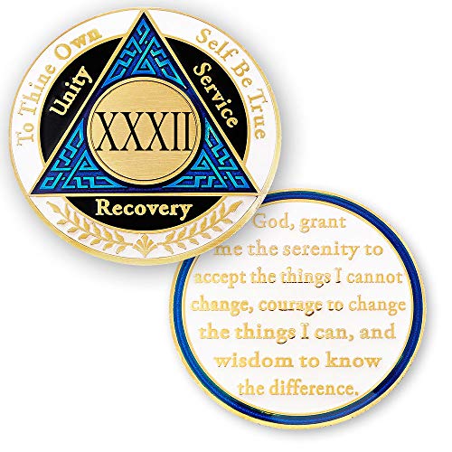 32 Year AA Medallions Coin - Alcoholics Anonymous Chips - Thirty Two Year Coins - Blue Black White Token