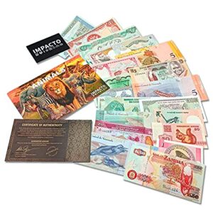 world paper money: 20 animal banknotes - elevate your foreign currency collection with old banknotes and complete your album of collectibles. certificate of authenticity included.