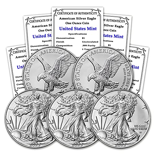 2023 Lot of (5) 1 oz American Silver Eagle Coins Brilliant Uncirculated with Certificates of Authenticity $1 BU