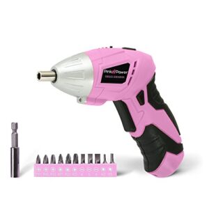 pink power pp481 3.6 volt cordless electric screwdriver rechargeable screw gun & bit set for women - led light, battery indicator and pivoting head (renewed)