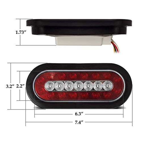 Partsam 2Pcs 6.3" inch Oval Truck Trailer Led Tail Stop Brake Lights Taillights Running Red and White Backup Reverse Lights, Sealed 6.3 inch Oval led Trailer Tail Lights w reflectors Flush Mount