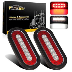 partsam 2pcs 6.3" inch oval truck trailer led tail stop brake lights taillights running red and white backup reverse lights, sealed 6.3 inch oval led trailer tail lights w reflectors flush mount