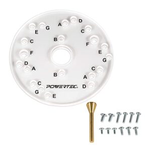 powertec 71369 dia 6-1/2" universal clear acrylic base plate w/centering pin, screws and letter-marked holes, fits porter cable, bosch, craftsman, dewalt, hitachi, makita, milwaukee, ryobi