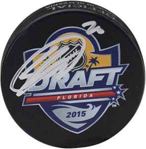 sebastian aho carolina hurricanes autographed 2015 nhl draft logo hockey puck - autographed nhl pucks