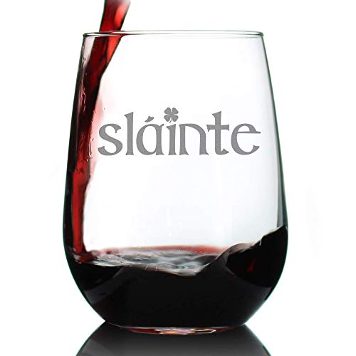 Slainte Irish Cheers - Stemless Wine Glass - Fun Irish Themed Gifts and Decor - Large 17 Ounce