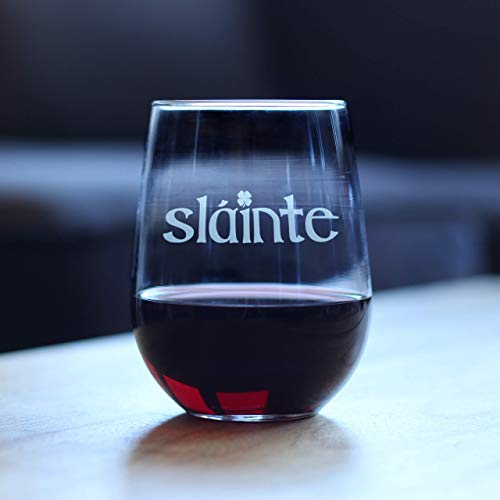 Slainte Irish Cheers - Stemless Wine Glass - Fun Irish Themed Gifts and Decor - Large 17 Ounce