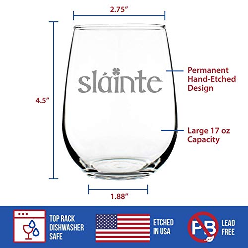 Slainte Irish Cheers - Stemless Wine Glass - Fun Irish Themed Gifts and Decor - Large 17 Ounce