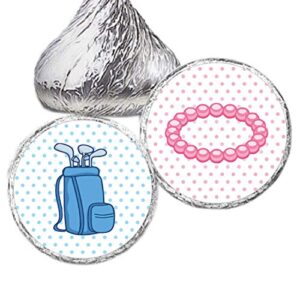324 .75-inch putters and pearls kiss stickers - golf gender reveal party or twin baby shower labels