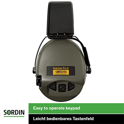 Sordin Supreme Pro-X Ear Defenders for Hunting & Shooting - Active & Electronic - Leather Band & Foam Kits - Green Ear Muffs