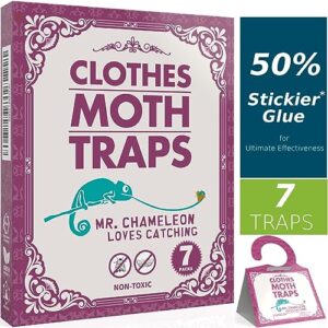 mr.chameleon moth traps for clothes - 50% stickier glue for ultimate effectiveness - 7 pack moth traps - non-toxic clothing moth traps with pheromones prime in your kitchen - odor-free & natural