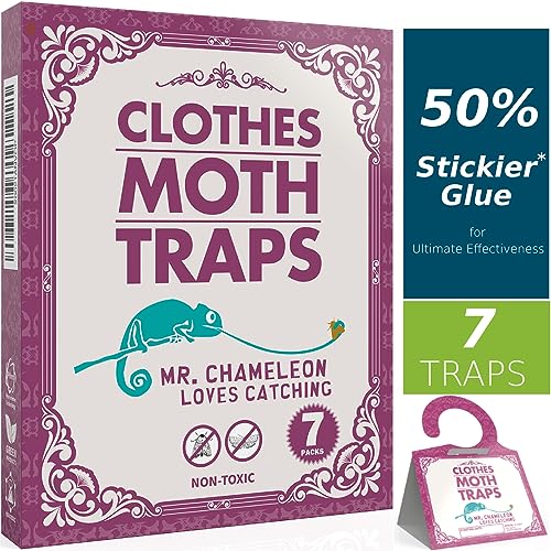 Mr.Chameleon Moth Traps for Clothes - 50% Stickier Glue for Ultimate Effectiveness - 7 Pack Moth Traps - Non-Toxic Clothing Moth Traps with Pheromones Prime in Your Kitchen - Odor-Free & Natural