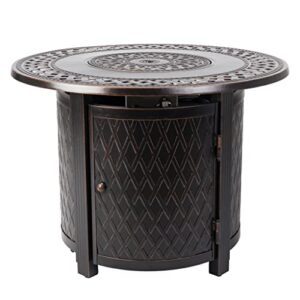 fire sense 62988 wagner woven aluminum convertible gas fire pit table 37,000 btu multi-functional outdoor with fire bowl lid, nylon weather cover & clear fire glass - bronze finish - round - 34"