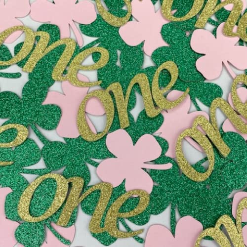 St. Patrick's Day Birthday - Shamrock Gold Glitter ONE Pink and Green Irish First Birthday Confetti - Lucky ONE - Four Leaf Clover - Little Leprechaun Party - Set of 275 Pieces