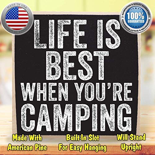 Decor Wooden Sign - Life is Best When You're Camping - Rustic Wooden Sign - Little Signs with Sayings - Camping Signs, Camper Decorations for Inside, Great RV Decor and Camping Signs Gift for Campers