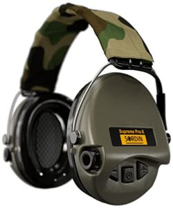 sordin supreme pro x - adjustable active safety ear muffs hearing protection - camo canvas headband and green cups